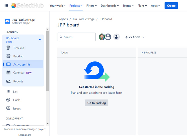 ira project board with active sprints, backlog, and task categories.