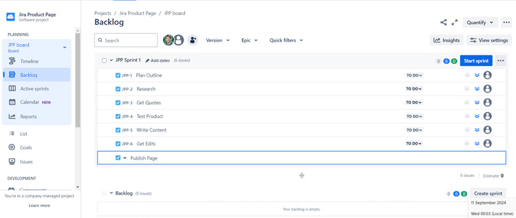 Jira project backlog with tasks like Plan Outline, Research, Get Quotes, and Publish Page, ready for sprint start.