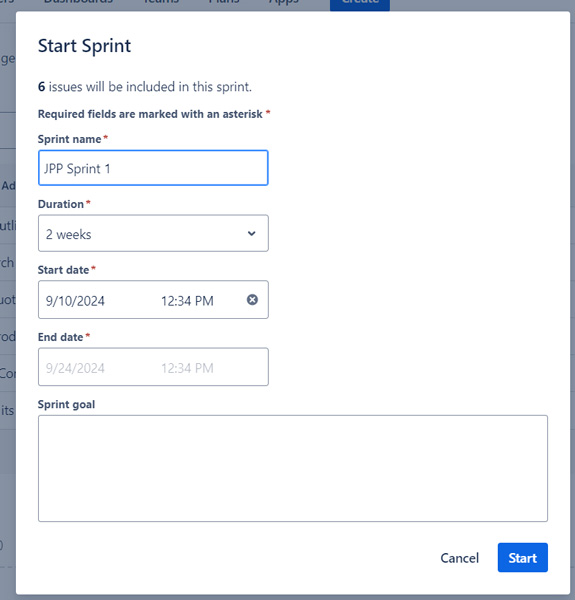 Jira screen showing creation of 'JPP Sprint 1' with a 2-week duration