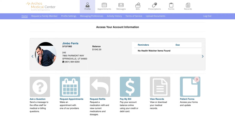 Arches Medical Center patient portal with account details, balance, and service options like messaging, appointments, refills, and bill payment.