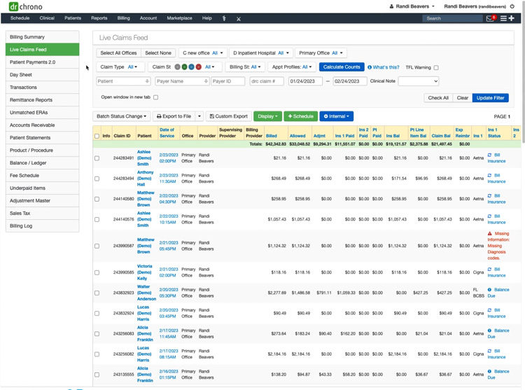 DrChrono Live Claims Feed interface displaying patient claims, billing details, statuses, and provider information.