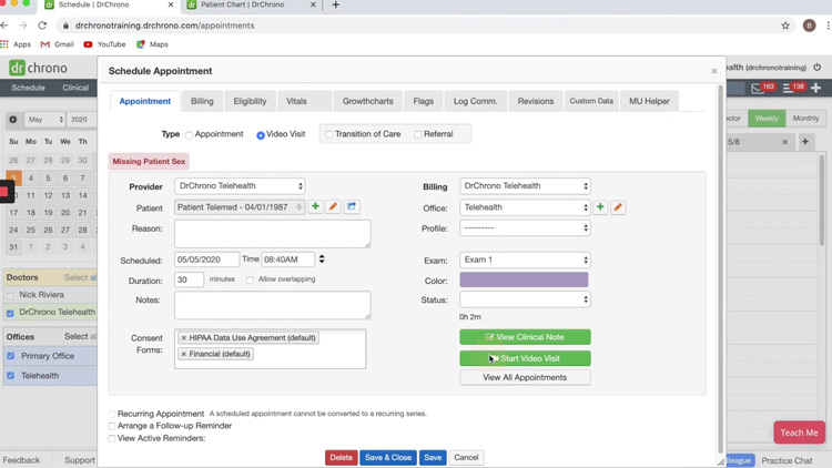 DrChrono appointment scheduling interface for a telehealth visit, displaying patient details, billing information, consent options, and action buttons for clinical notes and video visits.