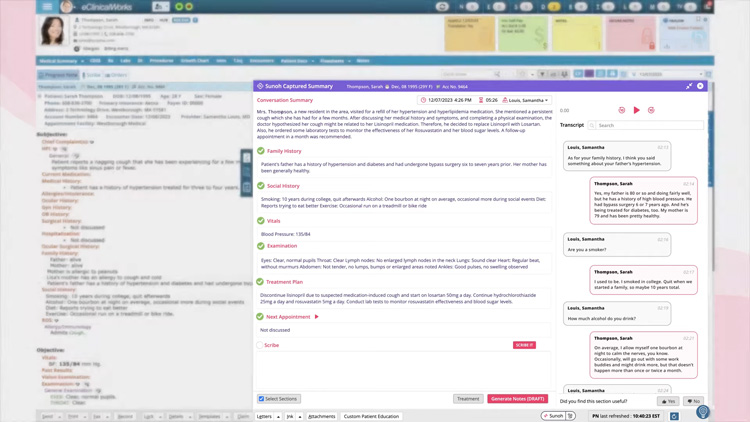 eClinicalWorks AI-assisted patient conversation summary, displaying captured medical history, vitals, treatment plan, and a real-time transcription of the patient-provider discussion.