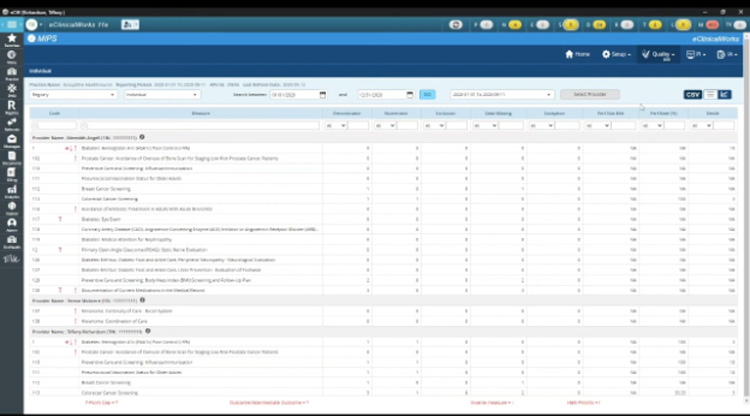 eClinicalWorks MIPS dashboard displaying provider performance metrics, quality measures, and compliance tracking for medical practice reporting.
