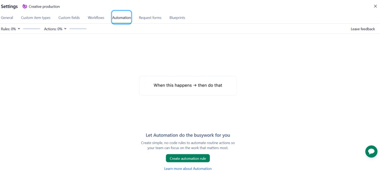 Wrike Automation settings page, prompting to create a rule.